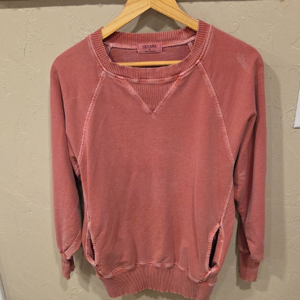 Zenana Washed Coral Pullover Sweatshirt Crewneck Long Sleeve Size S